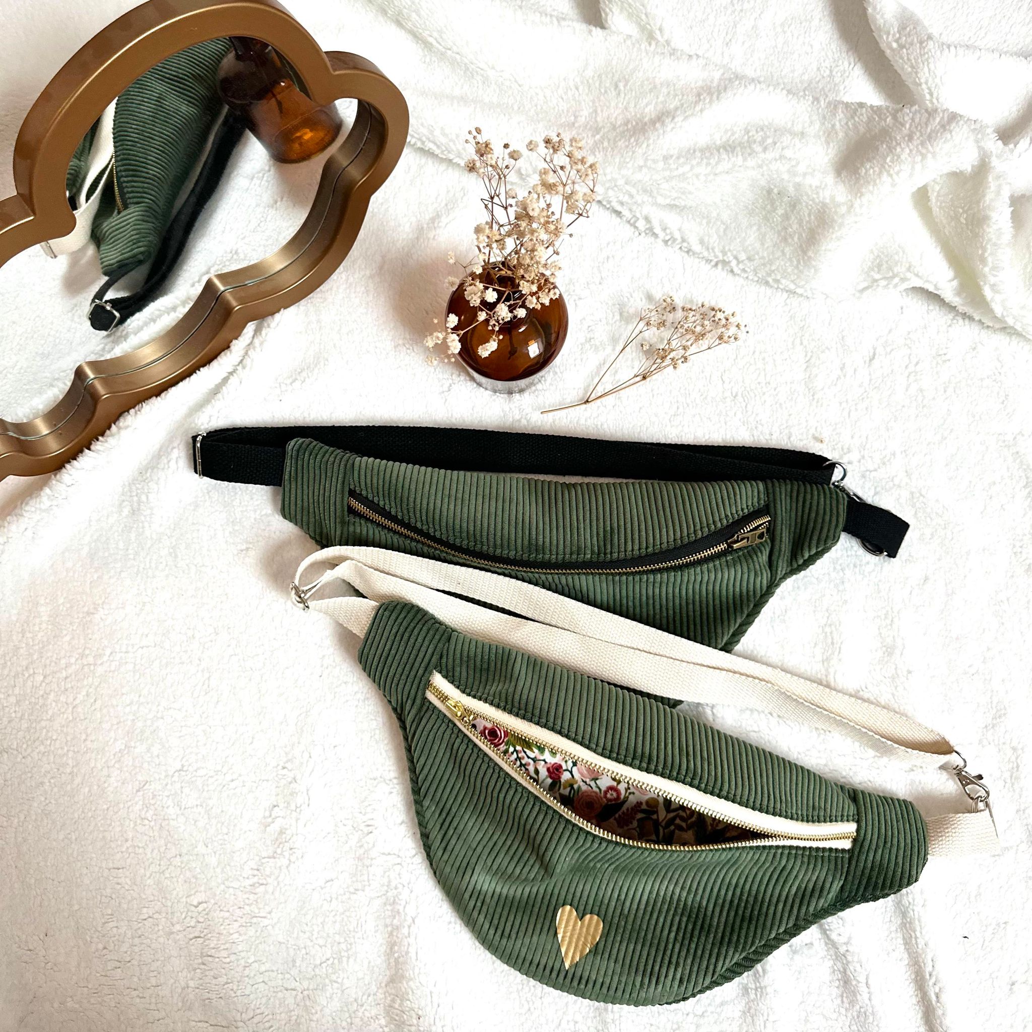 Sac banane, velours kaki, coton garden party, sangle et fermeture crème – Image 9