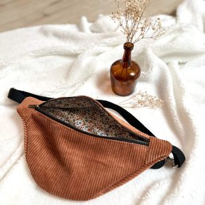 Sac banane, velours écureuil, liberty phoebe rouille, sangle et fermeture noire