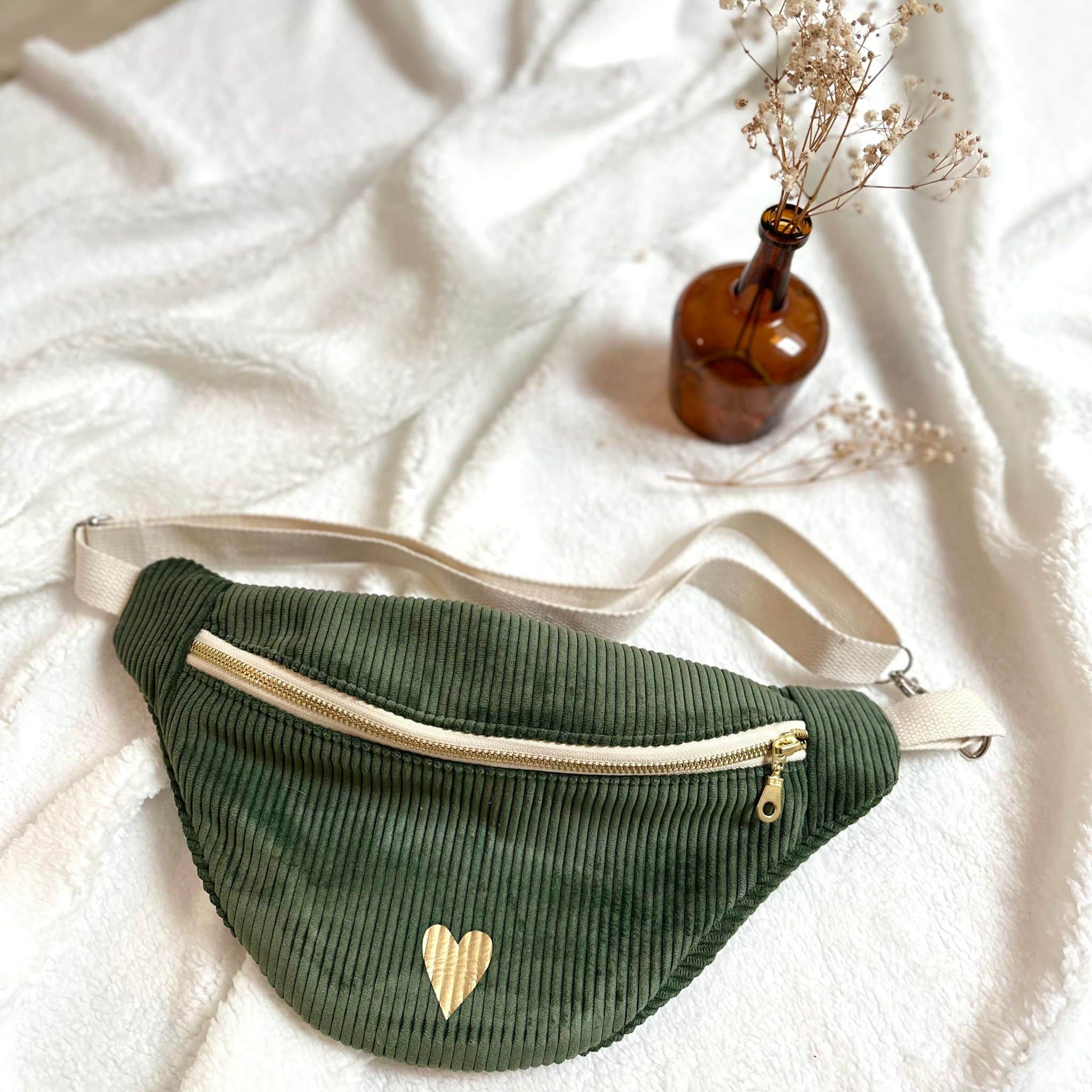 Sac banane, velours kaki, coton garden party, sangle et fermeture crème – Image 3