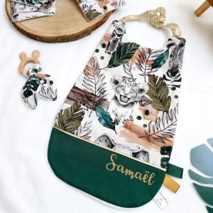 Serviette élastiquée, jungle et uni sapin