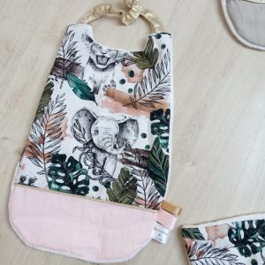 Serviette élastiquée, jungle et uni rose pâle