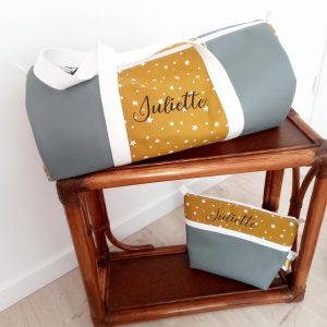 Sac polochon, simili gris étoilé moutarde